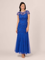 Adrianna Papell Blue Studio Bead Mesh Godet Gown - Image 1 of 7