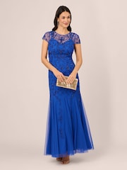 Adrianna Papell Blue Studio Bead Mesh Godet Gown - Image 3 of 7