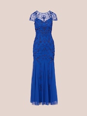 Adrianna Papell Blue Studio Bead Mesh Godet Gown - Image 6 of 7