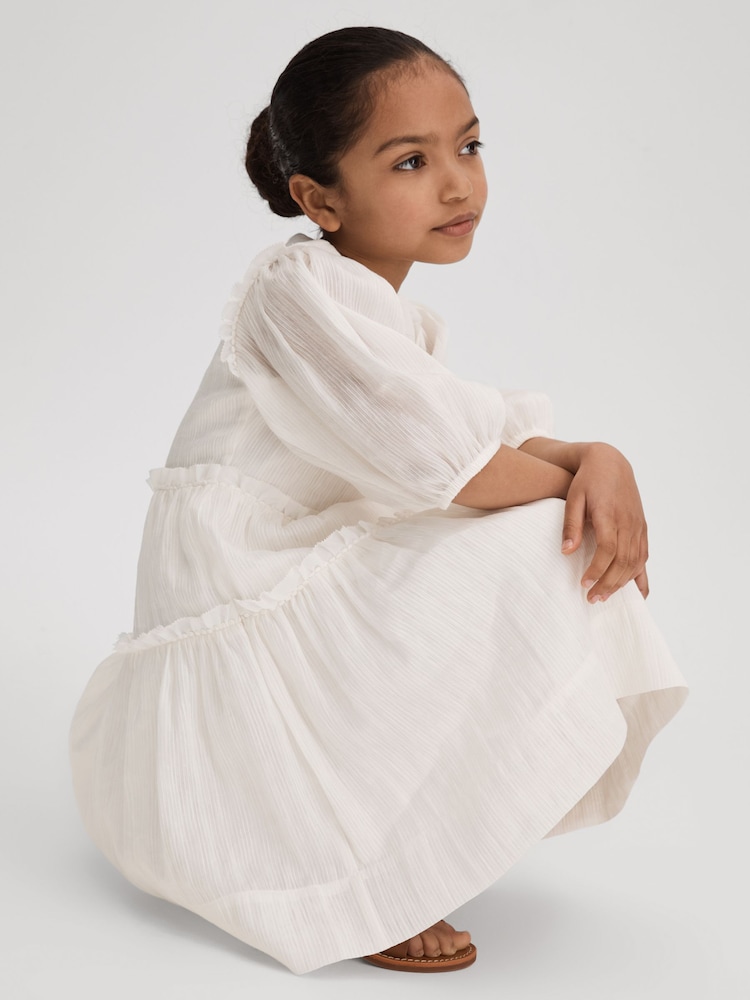 Reiss Ivory Tash 9-13 yrs Tiered Linen Blend Puff Sleeve Dress - Image 1 of 4