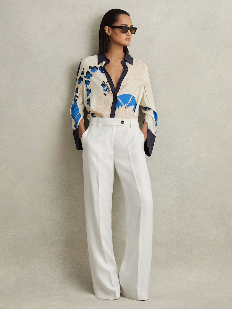 Reiss Navy/Blue Isla Printed Split Hem Shirt - Image 1 of 6