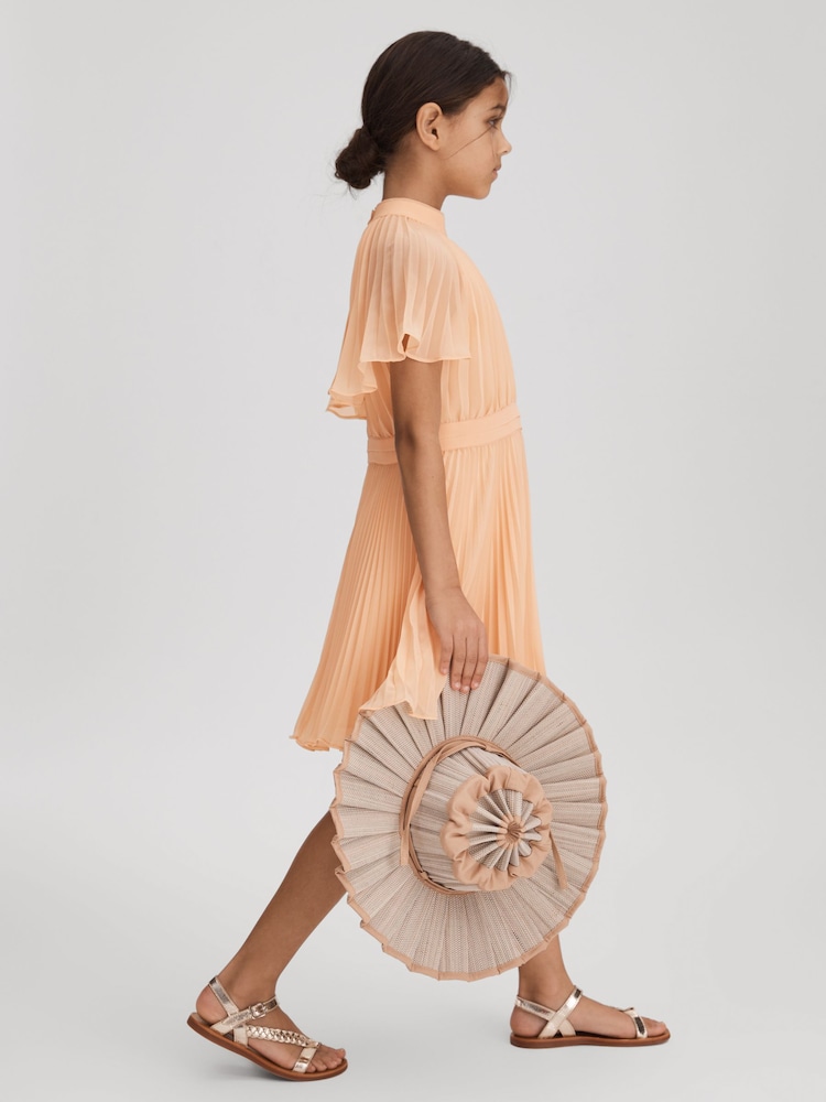 Reiss Apricot Verity Senior Pleated Cape Sleeve Dress - Image 1 of 4