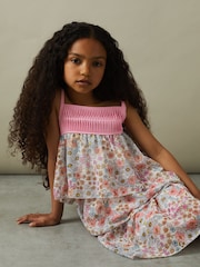 Reiss Pink Print Leela Senior Floral Print Tiered Dress - Image 1 of 5
