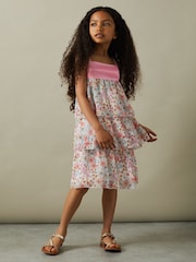 Reiss Pink Print Leela Senior Floral Print Tiered Dress - Image 3 of 5