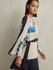 Reiss Navy/Blue Sasha Printed Side Tie Mini Dress - Image 1 of 6
