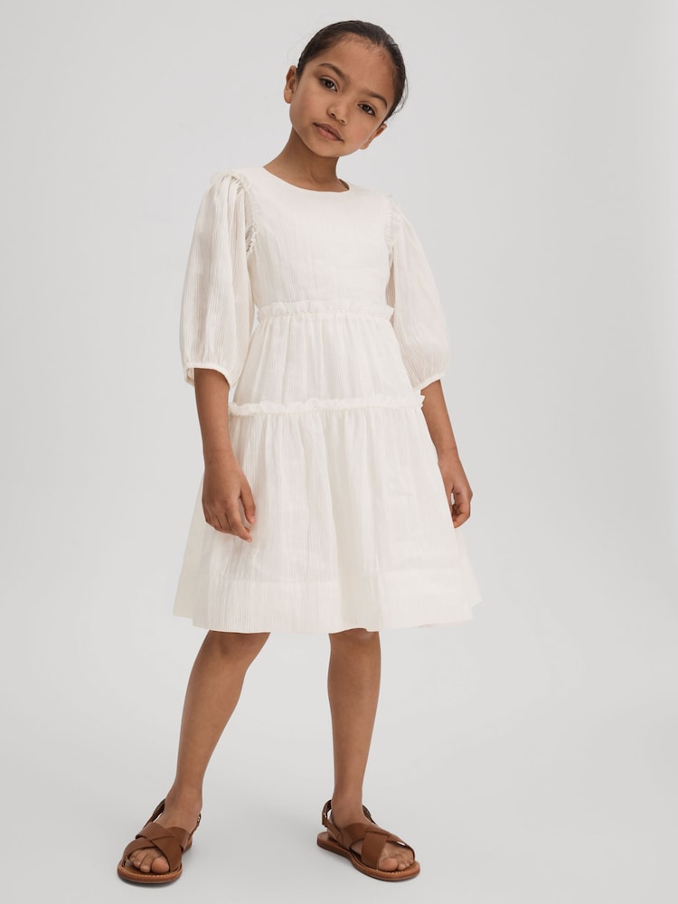 Reiss Ivory Tash 4-9 yrs Tiered Linen Blend Puff Sleeve Dress - Image 1 of 4
