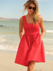 Red Square Neck Jersey 100% Cotton Summer Mini Dress - Image 1 of 6
