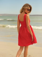 Red Square Neck Jersey 100% Cotton Summer Mini Dress - Image 3 of 6