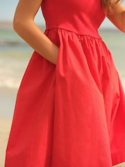 Red Square Neck Jersey 100% Cotton Summer Mini Dress - Image 5 of 6