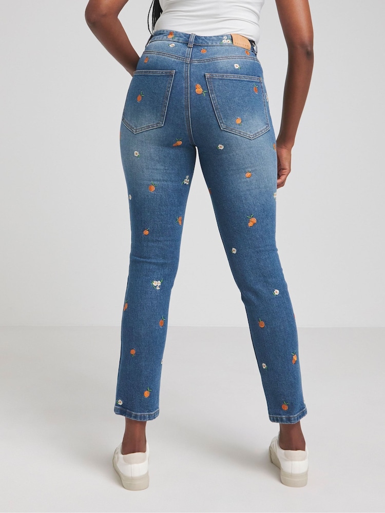 Simply Be Blue Slim Mom Fruit Embroidered Jeans - Image 2 of 5