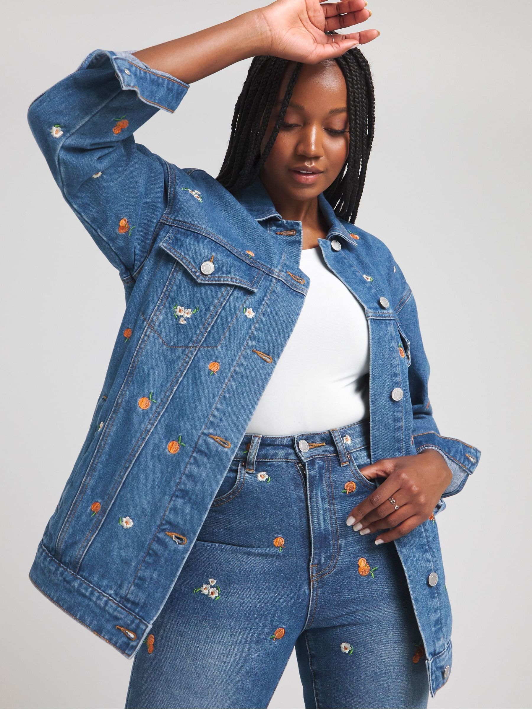 Buy Simply Be Blue Boyfriend Fruit Embroidered Denim Jacket from Next Luxembourg