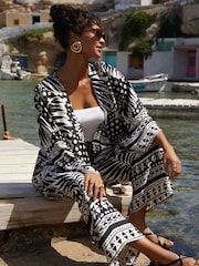 Friends Like These Black/White Long Sleeve Satin Kimono Cover Up - Image 3 of 4