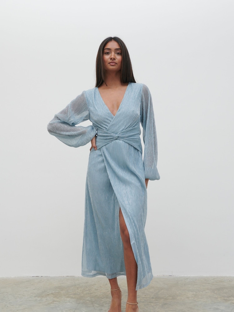 Pretty Lavish Blue Metallic Freina Plisse Metallic Dress - Image 2 of 4