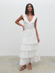 Pretty Lavish Cream 100% Cotton Opal Ruffle Midaxi Dress - Image 1 of 3