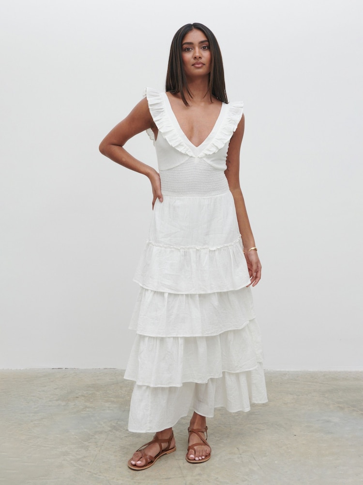 Pretty Lavish Cream 100% Cotton Opal Ruffle Midaxi Dress - Image 1 of 3