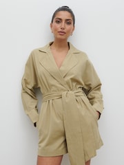 Pretty Lavish Olive Emilie Belted Cotton/Linen Mix Playsuit - Image 1 of 4