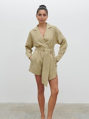 Pretty Lavish Olive Emilie Belted Cotton/Linen Mix Playsuit - Image 2 of 4
