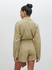 Pretty Lavish Olive Emilie Belted Cotton/Linen Mix Playsuit - Image 3 of 4