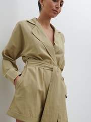 Pretty Lavish Olive Emilie Belted Cotton/Linen Mix Playsuit - Image 4 of 4