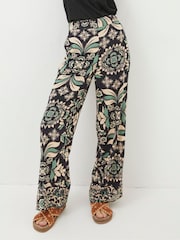 FatFace Black Isla Mosaic Leaf Wide Leg Trousers - Image 1 of 6