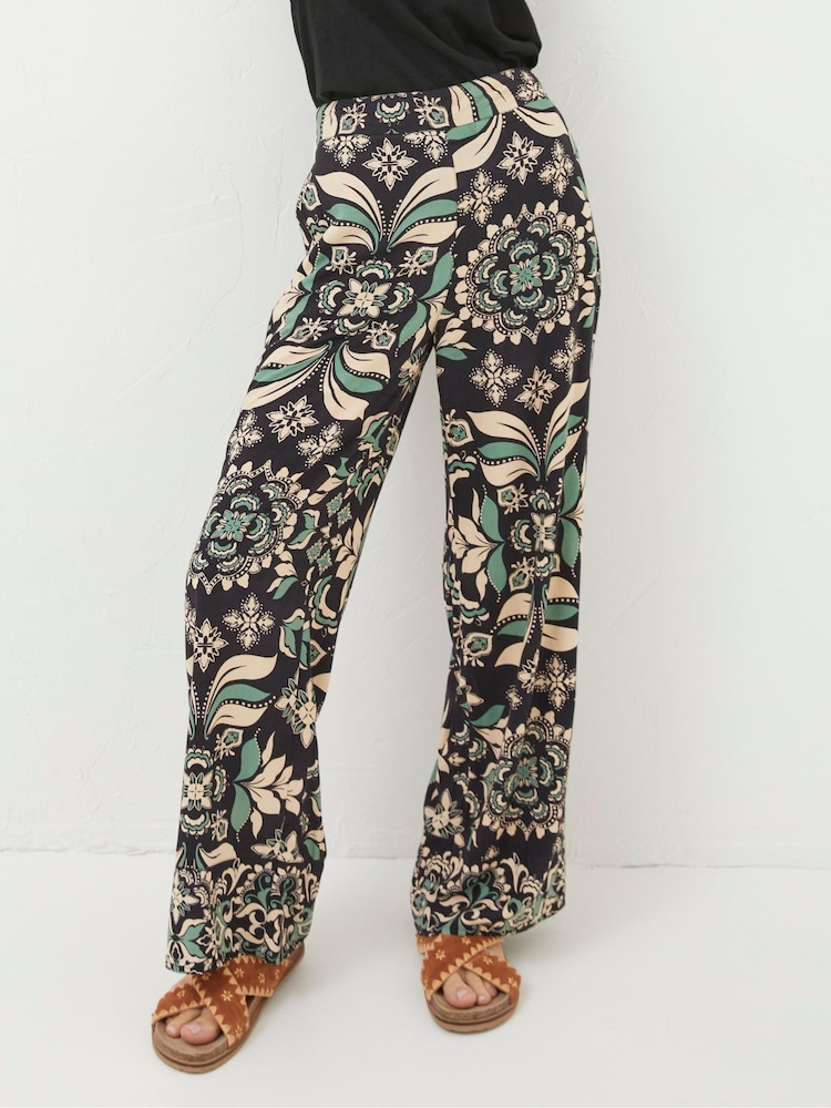 FatFace Black Isla Mosaic Leaf Wide Leg Trousers - Image 1 of 6