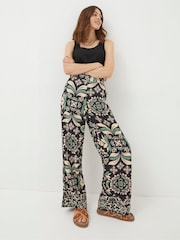 FatFace Black Isla Mosaic Leaf Wide Leg Trousers - Image 3 of 6