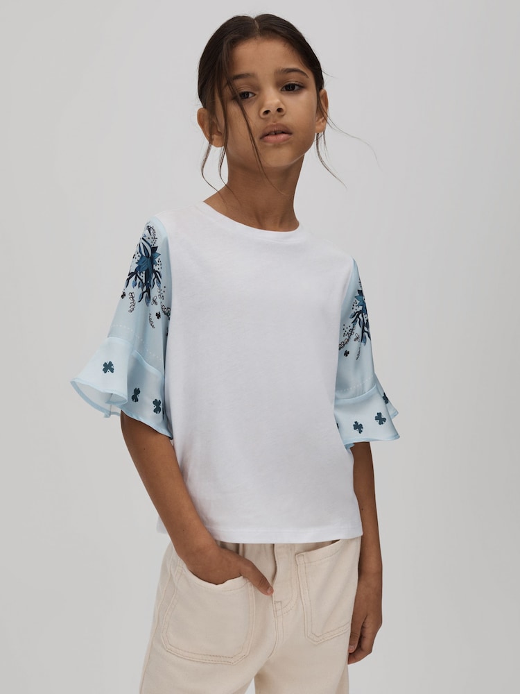 Reiss White Anastasia 4-9 yrs Flute Sleeve Crew Neck T-Shirt - Image 1 of 6