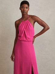Reiss Pink Elliana Drape Front Midi Dress - Image 1 of 6