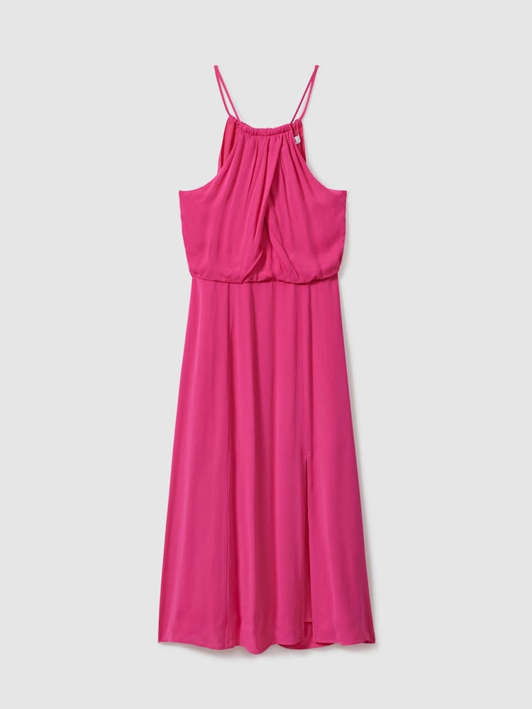 Reiss Pink Elliana Drape Front Midi Dress - Image 2 of 6