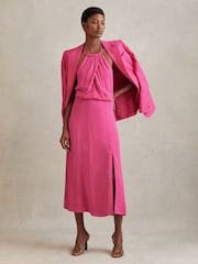 Reiss Pink Elliana Drape Front Midi Dress - Image 3 of 6