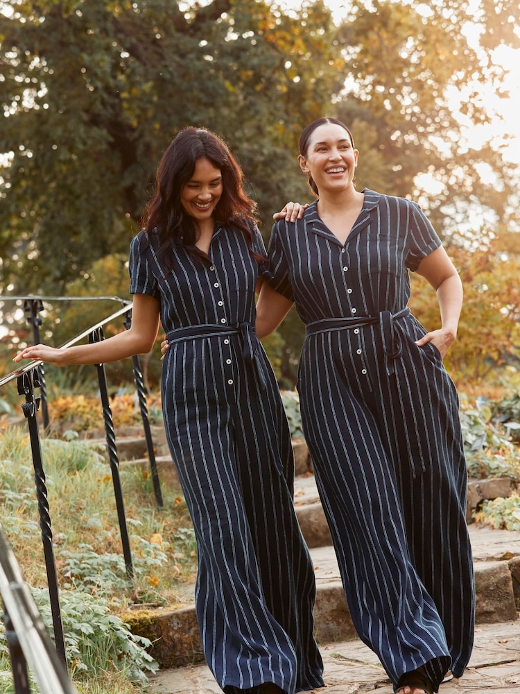 FatFace Blue Acre Stripe Linen Blend Jumpsuit - Image 1 of 6