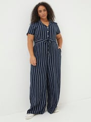 FatFace Blue Acre Stripe Linen Blend Jumpsuit - Image 2 of 6