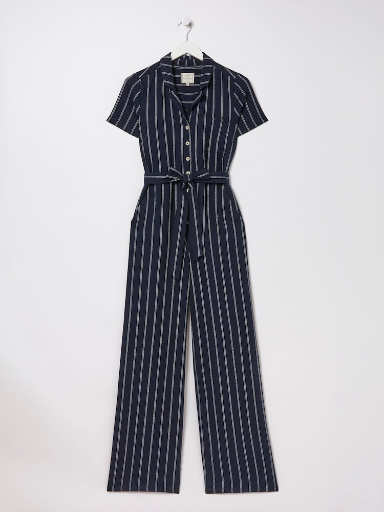 FatFace Blue Acre Stripe Linen Blend Jumpsuit - Image 6 of 6