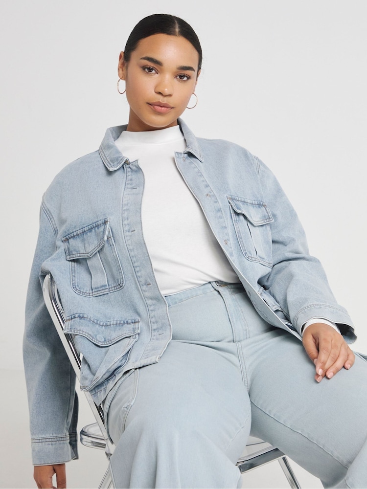 Simply Be Blue Utility Cargo Pocket Denim Jacket - Image 1 of 4