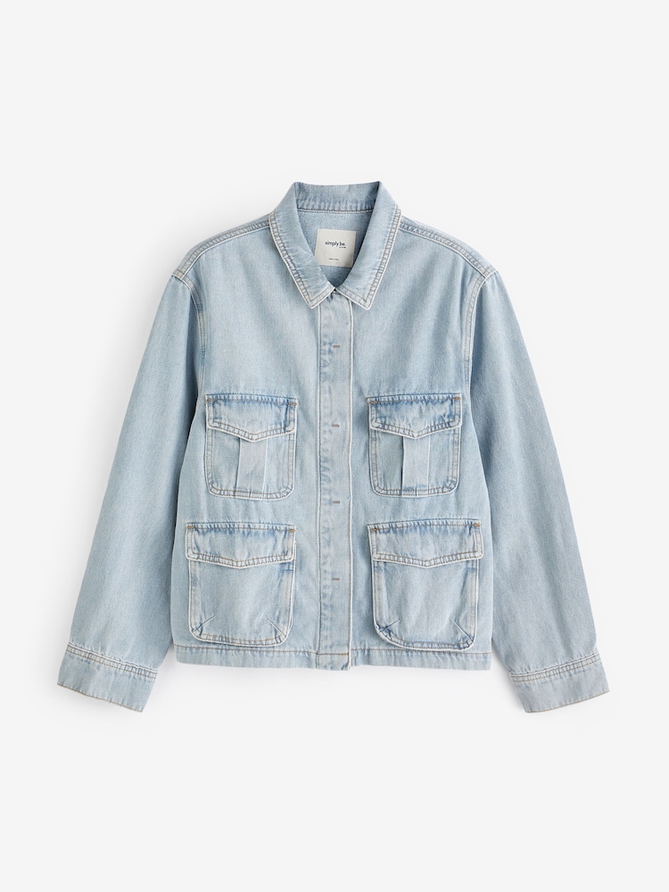 Simply Be Blue Utility Cargo Pocket Denim Jacket - Image 4 of 4
