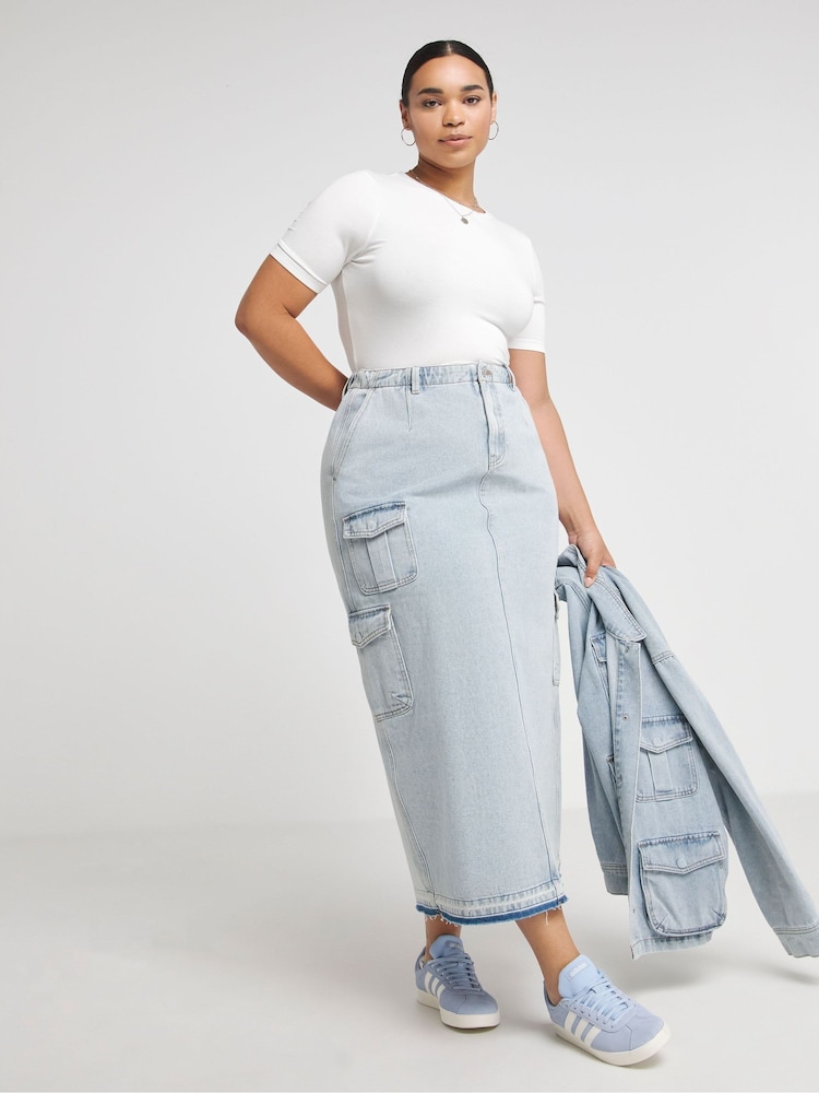 Simply Be Blue Utility Cargo Pocket Denim Maxi Skirt - Image 1 of 5