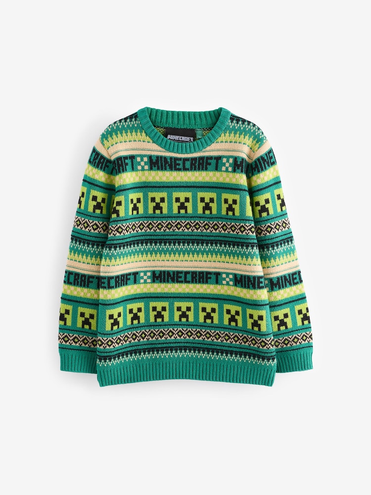 Green Minecraft Christmas Fairisle Pattern Crew Neck Jumper (3-16yrs) - Image 1 of 5