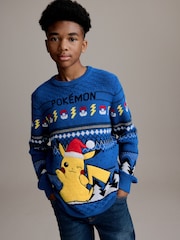 Blue Pikachu Pokemon Christmas Fairisle Pattern Crew Neck Jumper (3-16yrs) - Image 1 of 8