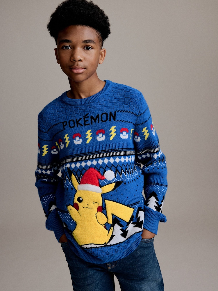 Blue Pikachu Pokemon Christmas Fairisle Pattern Crew Neck Jumper (3-16yrs) - Image 1 of 8