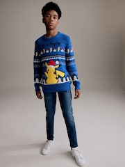 Blue Pikachu Pokemon Christmas Fairisle Pattern Crew Neck Jumper (3-16yrs) - Image 2 of 8