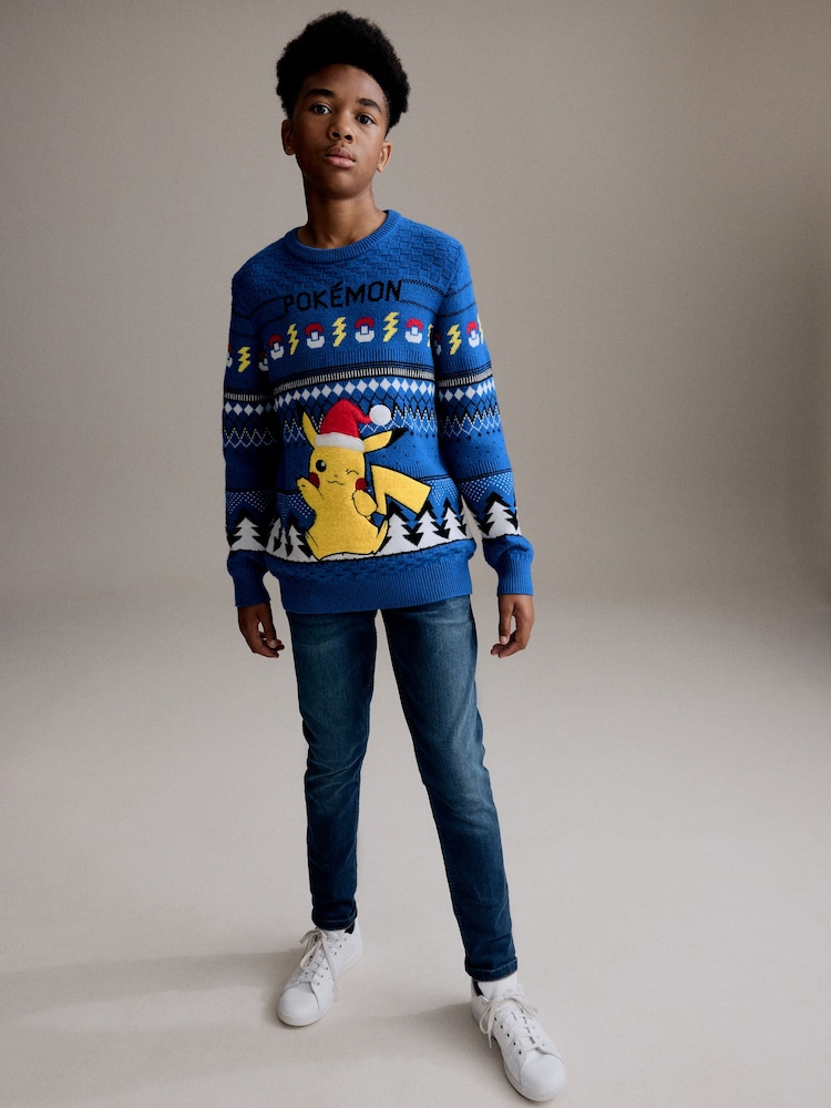 Blue Pikachu Pokemon Christmas Fairisle Pattern Crew Neck Jumper (3-16yrs) - Image 2 of 8