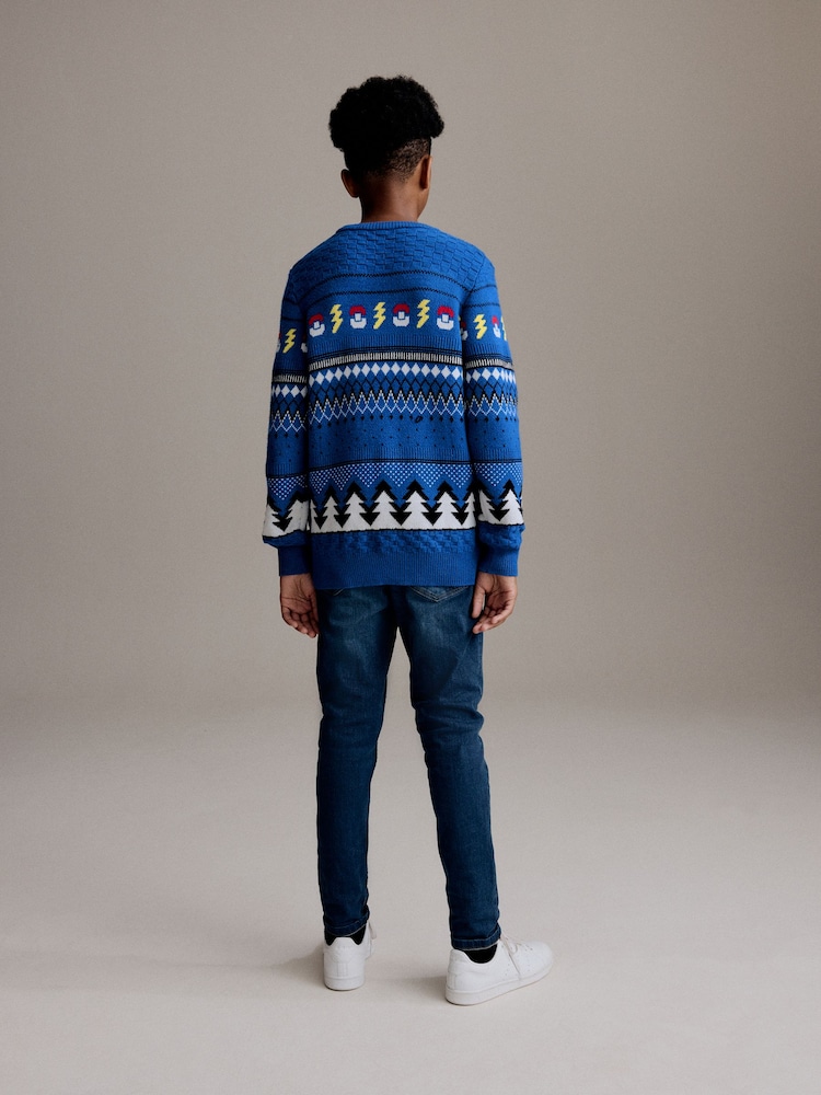 Blue Pikachu Pokemon Christmas Fairisle Pattern Crew Neck Jumper (3-16yrs) - Image 3 of 8