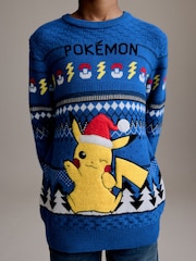 Blue Pikachu Pokemon Christmas Fairisle Pattern Crew Neck Jumper (3-16yrs) - Image 4 of 8
