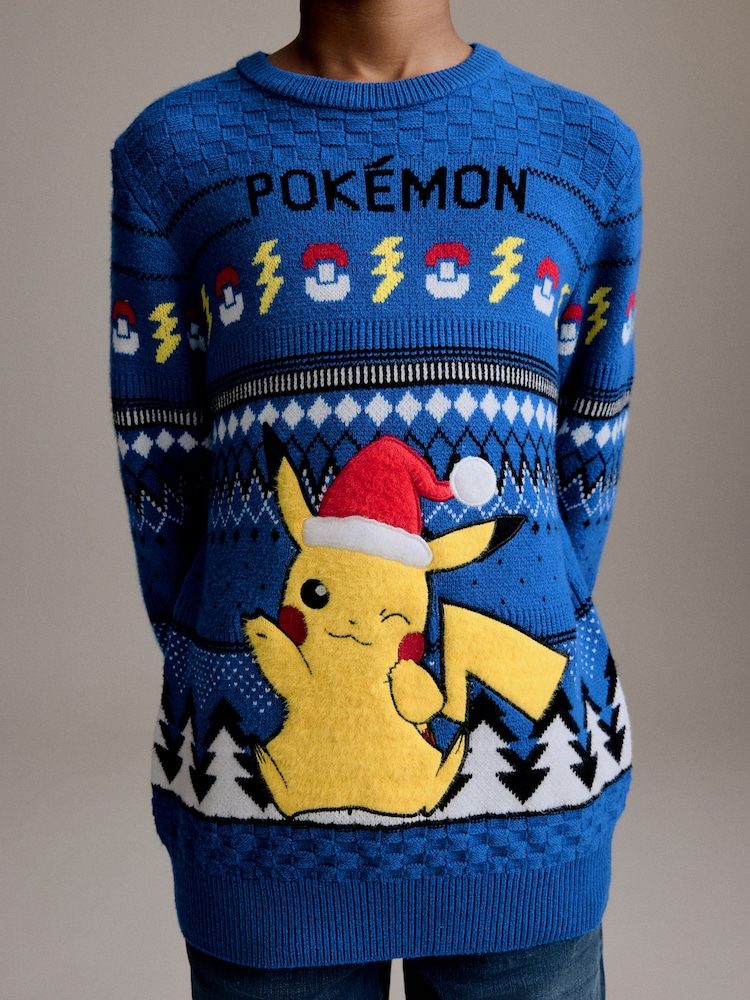 Blue Pikachu Pokemon Christmas Fairisle Pattern Crew Neck Jumper (3-16yrs) - Image 4 of 8