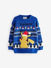 Blue Pikachu Pokemon Christmas Fairisle Pattern Crew Neck Jumper (3-16yrs) - Image 5 of 8