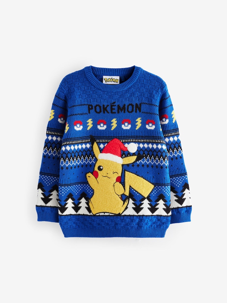 Blue Pikachu Pokemon Christmas Fairisle Pattern Crew Neck Jumper (3-16yrs) - Image 5 of 8
