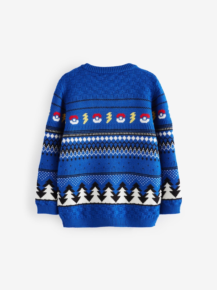 Blue Pikachu Pokemon Christmas Fairisle Pattern Crew Neck Jumper (3-16yrs) - Image 6 of 8