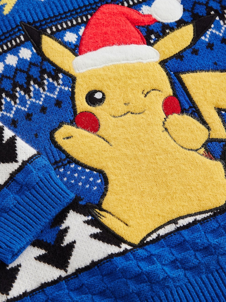 Blue Pikachu Pokemon Christmas Fairisle Pattern Crew Neck Jumper (3-16yrs) - Image 7 of 8