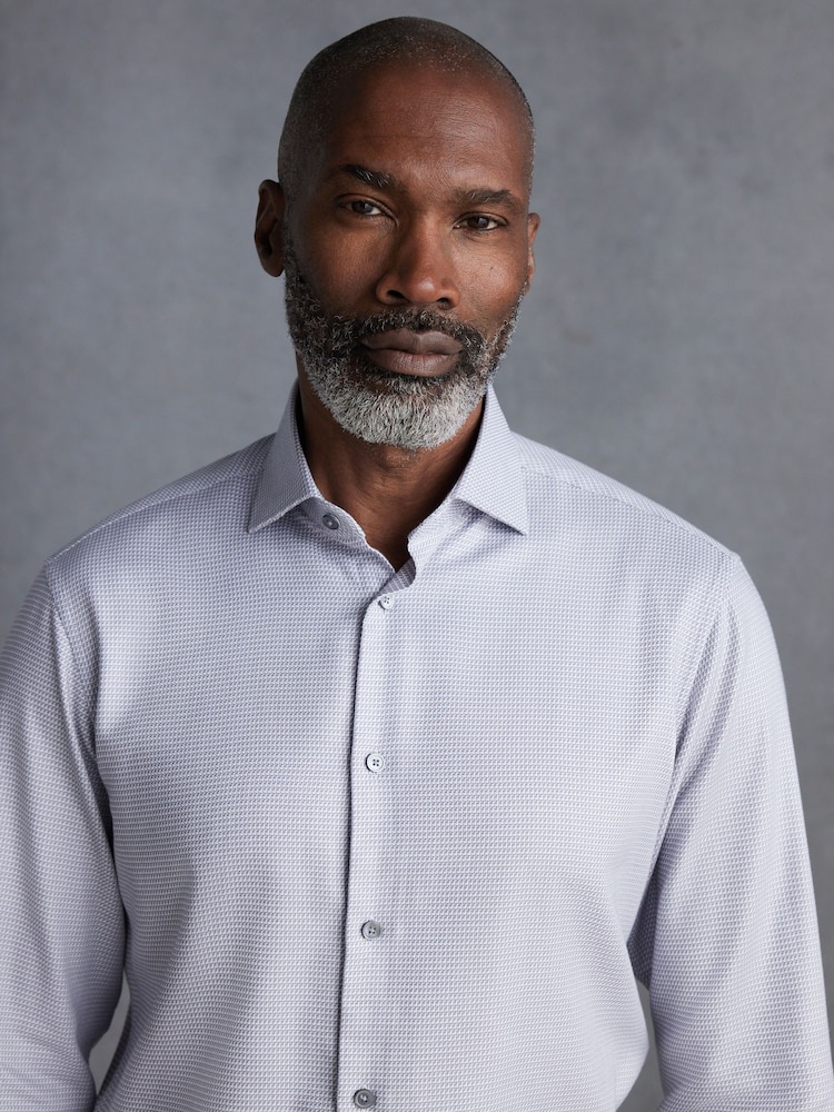 Grey Signature Textured 100% Cotton Slim Fit Single Cuff Shirt - Image 6 of 8