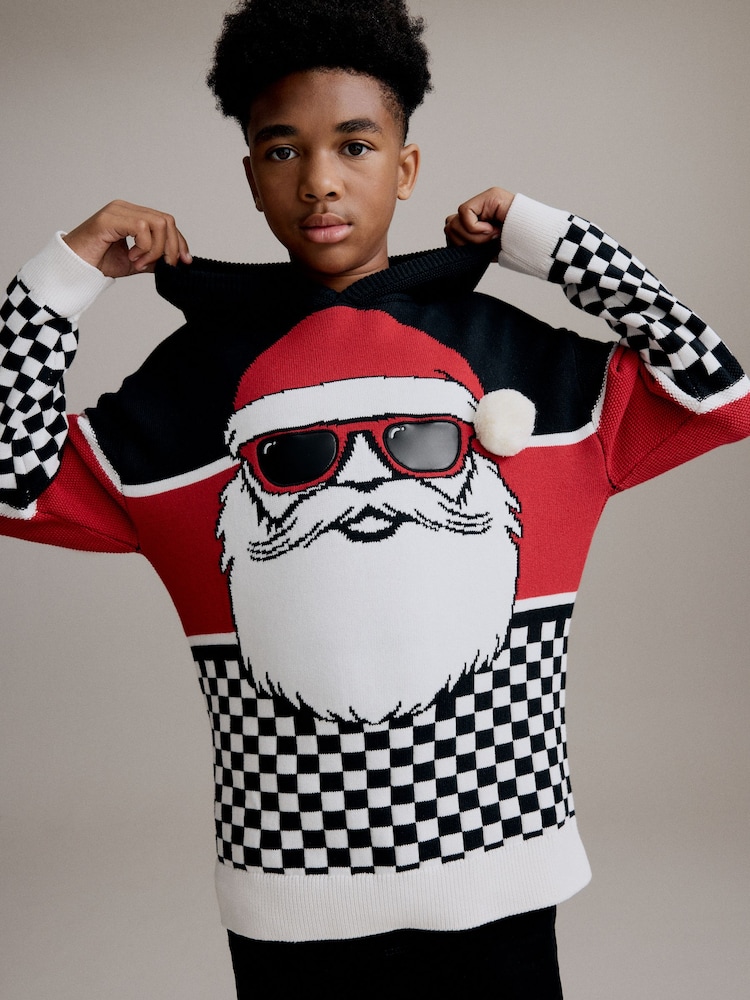 Santa Colourblock Hooded 100% Cotton Christmas Jumper (3-16yrs) - Image 2 of 8